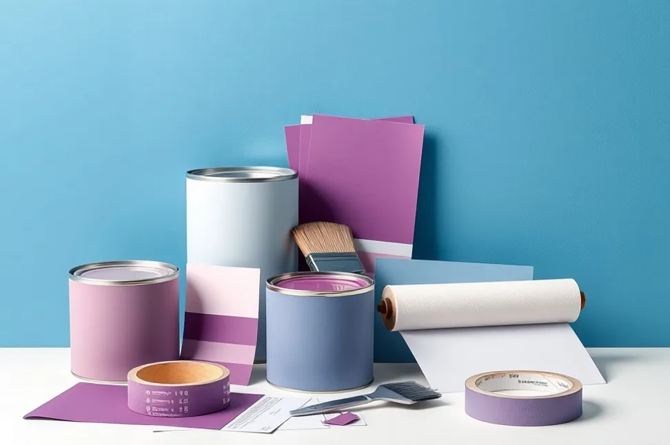 Pots de peinture, nuancier, brosses et rouleaux disposés à plat