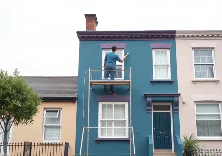 Peintre sur échafaudage traitant la façade d'une maison