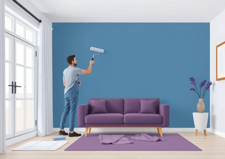 Peintre appliquant la peinture au rouleau sur un mur de salon